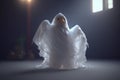 The spooky attic: A chicken dressed as a ghost with a bedsheet spooks around Royalty Free Stock Photo