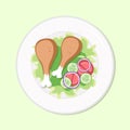 Chicken drums with salad healthy diet meal on plate. Vector illustration. Simple flat stock nutrition image. Duck legs on table