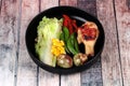 Chicken drumstick steak and grilled mixed vegetables . Royalty Free Stock Photo