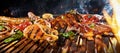 Chicken drumsticks, pork ribs and sausage on a BBQ Royalty Free Stock Photo