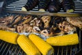 Chicken drumsticks with vegetables: sweet corn and aubergines on barbecue grill with fire Royalty Free Stock Photo