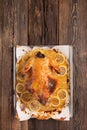 Chicken or duck baked in oven on festive dinner table, top view Royalty Free Stock Photo