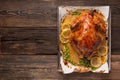 Chicken or duck baked in oven on festive dinner table,top view Royalty Free Stock Photo
