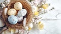 creative boho print on colorful pastel easter eggs on white wooden bird nest, happy easter background Royalty Free Stock Photo