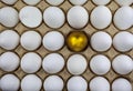 Chicken egg with a gold pattern surrounded by white eggs, background, texture Royalty Free Stock Photo