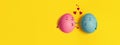 Couple in love eggs on yellow background. Natural healthy organic food. Top view, flat lay, copy space. Cute love sale Royalty Free Stock Photo