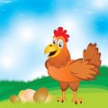 Chicken with egg on the meadow with beautiful blue sky background. Royalty Free Stock Photo