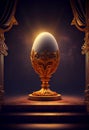 Chicken Egg Propped Up By Ornate Golden Base Under Spot Light - Generative AI