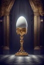 Chicken Egg Propped Up By Ornate Golden Base Under Spot Light - Generative AI