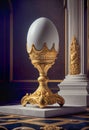 White Egg Propped Up By Ornate Golden Base Under Spot Light - Generative AI