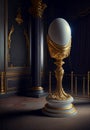 An Exquisite Egg Propped Up on an Ornate Golden Base Under Spot Light - Generative AI