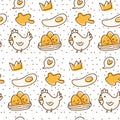 Chicken and egg seamless pattern in kawaii doodle style vector illustration