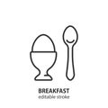 Chicken egg in a stand with a spoon line icon. Breakfast outline vector symbol. Editable stroke