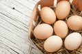 Chicken egg in a straw nest on white old wood background Royalty Free Stock Photo