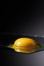 Chicken egg yolk on glass surface floating on grey background