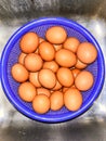 chicken eggs in a blue basket in the kitchen Royalty Free Stock Photo