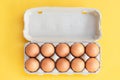 Chicken eggs, brown eggs, broken egg in carton box on yellow background. Top view natural eggs in carton box product concept Royalty Free Stock Photo