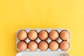 Chicken eggs, brown eggs, broken egg in carton box on yellow background. Top view natural eggs in carton box product concept Royalty Free Stock Photo