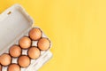 Chicken eggs, brown eggs, broken egg in carton box on yellow background. Top view natural eggs in carton box product concept Royalty Free Stock Photo