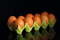 Chicken eggs in a cardboard container for the storage and transportation of chicken eggs isolated on black background Royalty Free Stock Photo