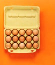 Chicken eggs in cardboard open box on orange background. Royalty Free Stock Photo