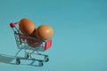 chicken eggs in the cart for groceries, shopping. Happy Easter. preparation for the spring holiday.