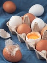Chicken eggs in the carton box. Chicken egg is half broken among other eggs, eggshell near. Close-up. Blue fabric background Royalty Free Stock Photo