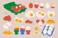 Chicken eggs. Cartoon boiled raw fried egg yolk carton boxes, broken eggshell proteins organic food. Vector isolated set Royalty Free Stock Photo