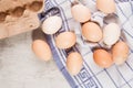 Chicken eggs on dishtowels Royalty Free Stock Photo