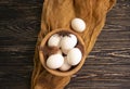 Chicken eggs, feather vintage   on wooden background farm Royalty Free Stock Photo