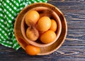 Chicken eggs, feather on wooden background organic, cooking Royalty Free Stock Photo