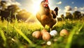 Chicken Eggs and a Free Range Chicken on Green Meadow - Generative Ai