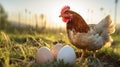 chicken with eggs on the grass, backlight scene