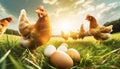 Chicken Eggs and a Free Range Chicken on Green Meadow - Generative Ai