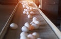 Chicken eggs move along a conveyor in a poultry farm. Food industry concept, chicken egg production, modern Royalty Free Stock Photo