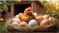 chicken and eggs in the nest, easter background, selective focus