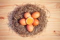 Chicken eggs in a nest on wooden, Top view