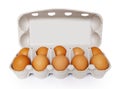 Chicken eggs in open carton box isolated on white background Royalty Free Stock Photo
