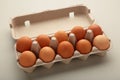 Chicken eggs in an open egg carton on grey. Top view with copy space. Natural healthy food and organic farming concept Royalty Free Stock Photo