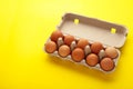 Chicken eggs in an open egg carton on yellow. Top view with copy space. Natural healthy food and organic farming concept Royalty Free Stock Photo