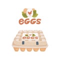 Chicken eggs in the package. Egg cardboard box and Fresh farm eggs logo. Eco product. Flat style vector illustration. Royalty Free Stock Photo