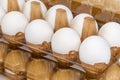 Chicken eggs in plastic egg packaging trays, fragment close-up Royalty Free Stock Photo