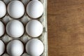 Chicken eggs are raw in the tray. The shell is white in eggs. In one section is an egg shell. On one egg lies a feather Royalty Free Stock Photo