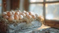 Chicken eggs in a rustic wooden crate on straw bedding. Generated AI