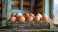 Chicken eggs in a rustic wooden crate on straw bedding. Generated AI