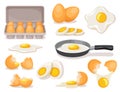 Eggs set, boiled and fried in skillet, in carton package, broken shell Royalty Free Stock Photo