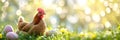 chicken with eggs on a sun-drenched spring meadow on a blurred background Royalty Free Stock Photo