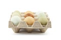 Chicken eggs in tray isolated on white background. Nine eggs Royalty Free Stock Photo