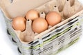 Chicken eggs in upper egg carton of the folded stack Royalty Free Stock Photo