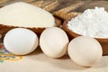 Chicken eggs and wheat products Royalty Free Stock Photo